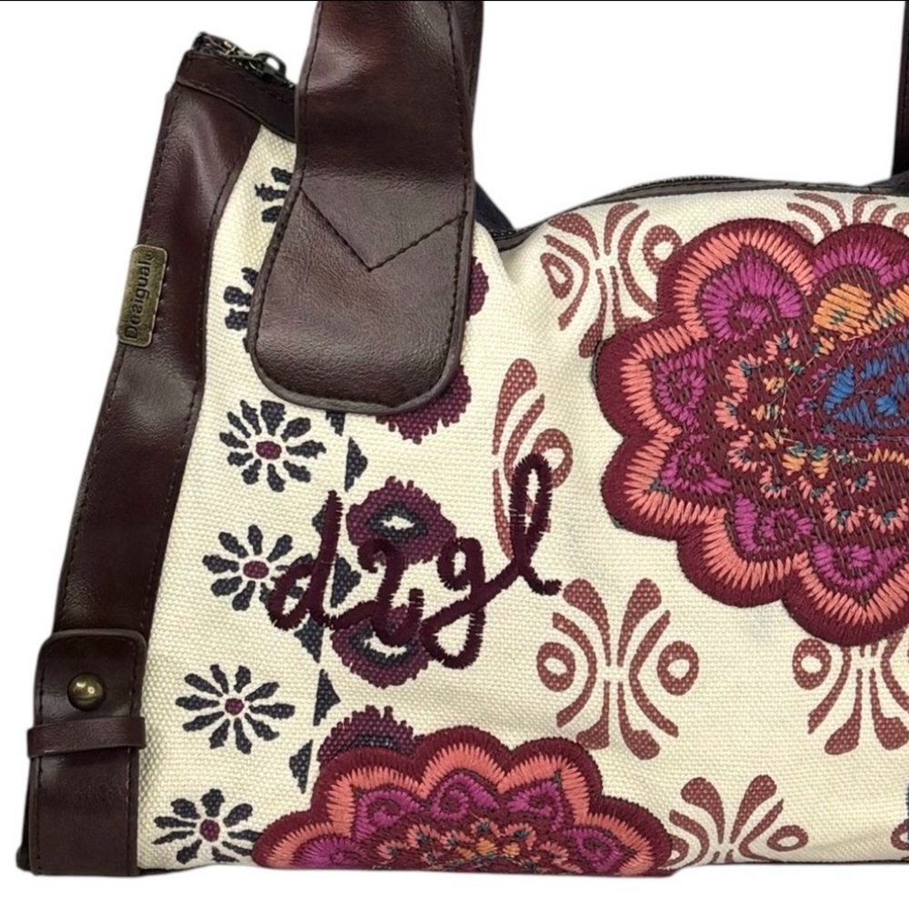 Desigual Embroidered Floral Pattern Faux Leather Trim Double Handle Shoulder Bag - Picture 2 of 14